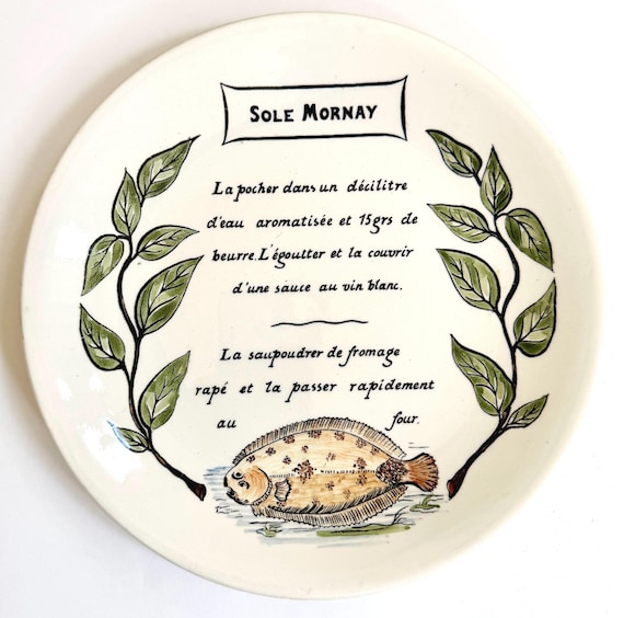 Vintage Gien Fish Decorative Plate Hand Painted Sole Mornay Recipe Made in France