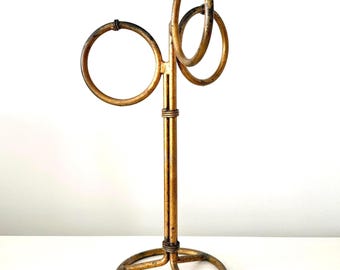 Vintage Gilt Bamboo Towel Holder Rack Three Ring Hollywood Regency Style