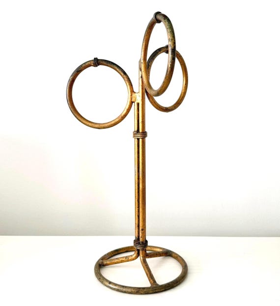 Vintage Gilt Bamboo Towel Holder Rack Three Ring Hollywood Regency Style
