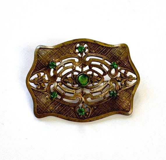 Victorian Edwardian Brooch Pin Gold Brass Tone Metal Green Glass Crystals Gemstones Ornate Metal Work Antique Heirloom Jewelry