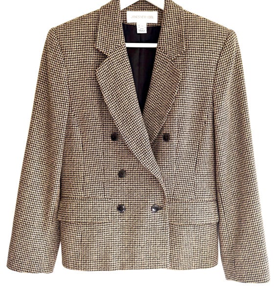 Vintage Houndstooth Wool Blazer Jacket 80s 90s Double Breasted Made in USA