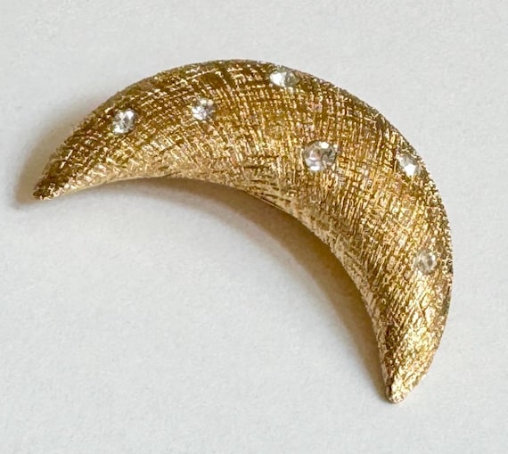 Christian Dior Moon Brooch Pin Signed Vintage 80s French Designer Textured Gold Tone Clear Crystals Celestial Costume Jewelry