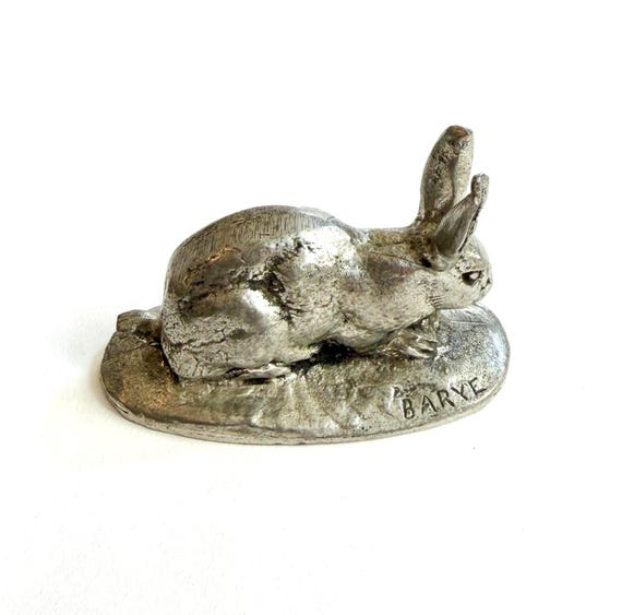 Vintage French Étain de Tonge Pewter Rabbit Figurine Signed Barye