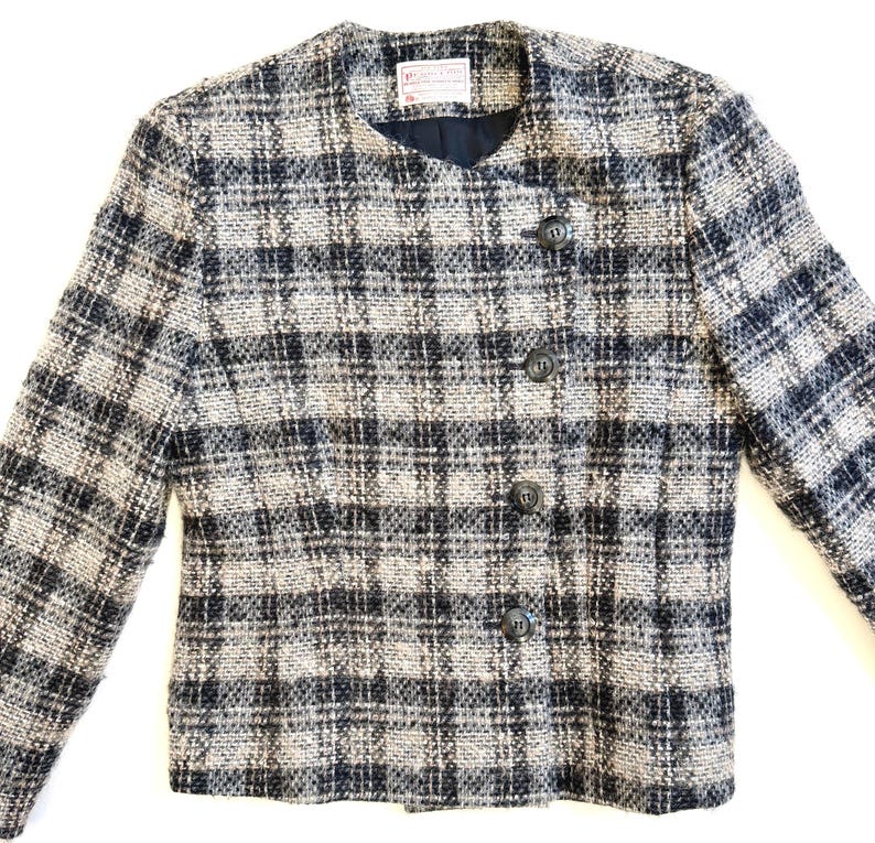 Vintage Pendleton Woolen Mills 70s 80s Plaid Collarless Jacket Soft Gray Plaid Virgin Wool Made in USA image 1