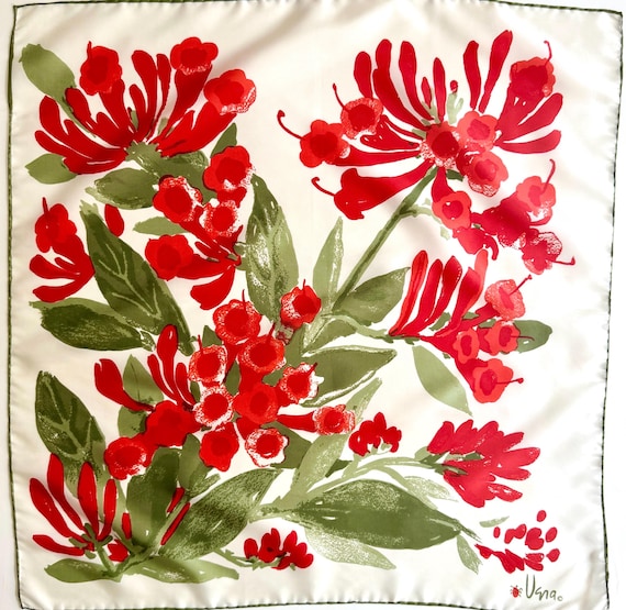 Vintage Vera Neumann Floral Print Scarf Red Green Floral Print
