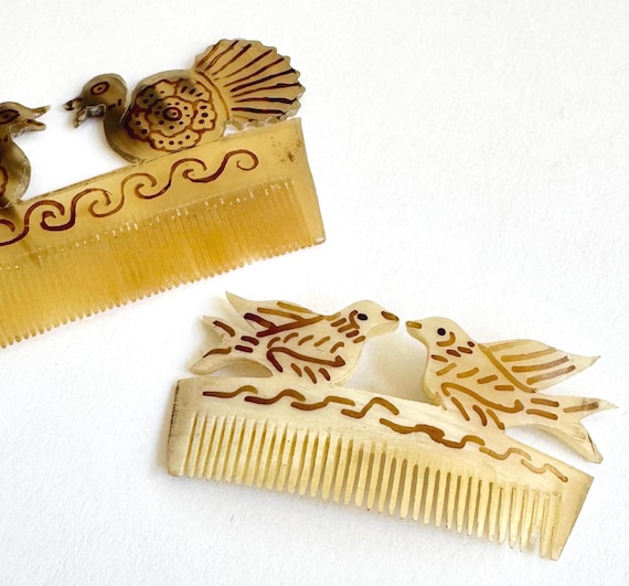 Vintage Carved Bird Hair Combs Lot of 2 Combs Decorative Hair Accessories