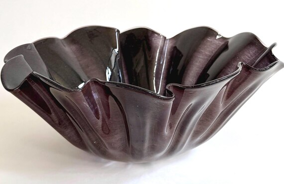 Vintage Art Glass Bowl: Smokey Eggplant Purple Fluted Edge, 12"
