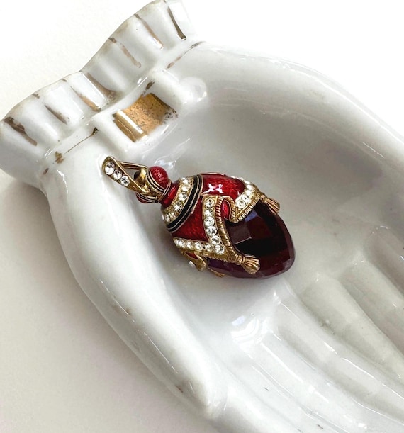 Vintage Fabergé Style Egg Pendant Red Guilloche Enamel Tiny Crystal Accents