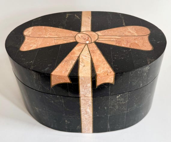 Maitland Smith Marble Box with Bow Design Vintage Marble Pink Travertine Flush Inlaid Stone Large Decorative Oval Hinged Box