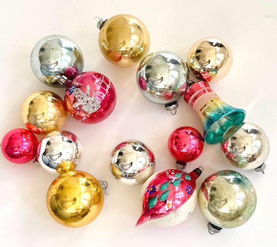Vintage Glass Ornament Lot 15 Mid Century Glass Bulbs Pink Aqua Gold Silver Painted Glitter Snowman Ombre Bell