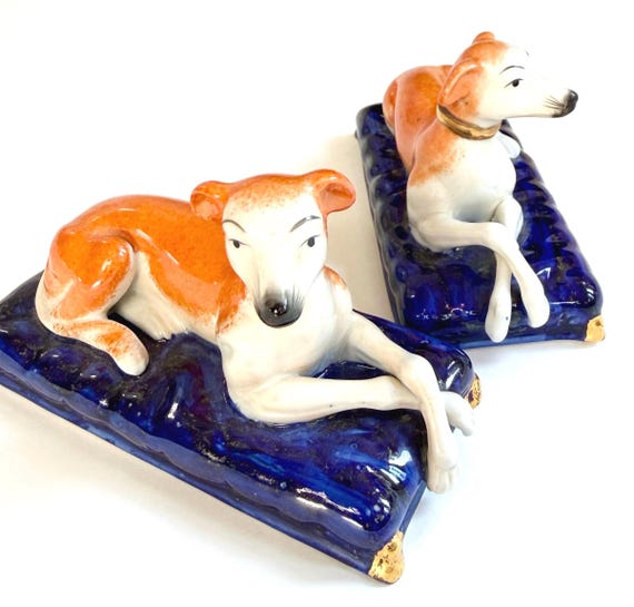 Vintage Ceramic Laying Greyhound Dog Figures on Cobalt Blue Base