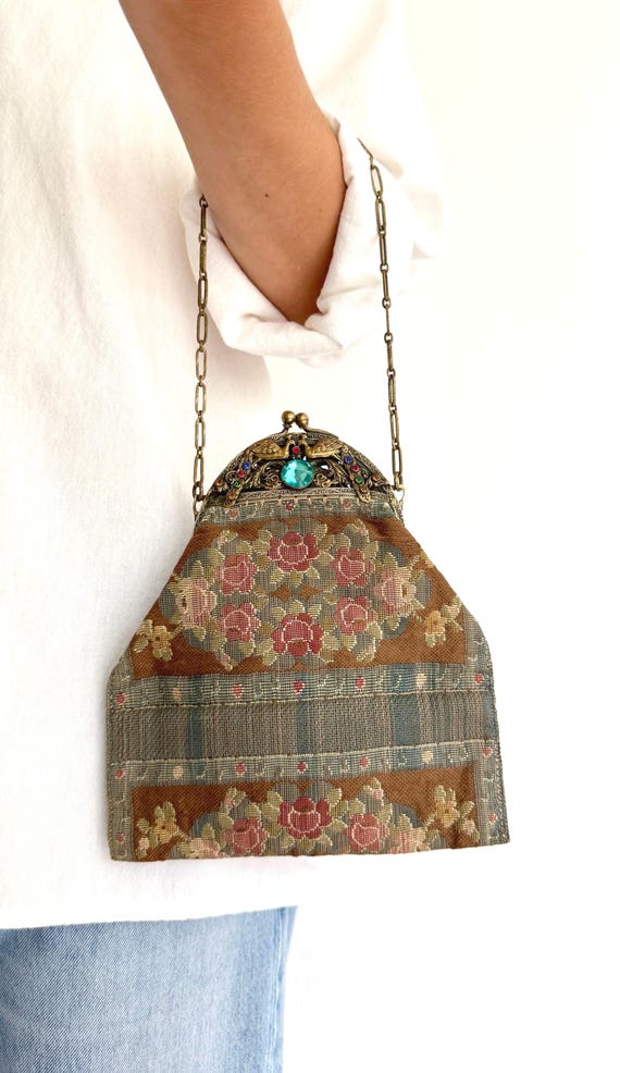 Vintage Brass Peacock Bag Purse Flapper Style Crystals Gold Brass Metal Frame Chain Strap Diamante Accents Silk Lining