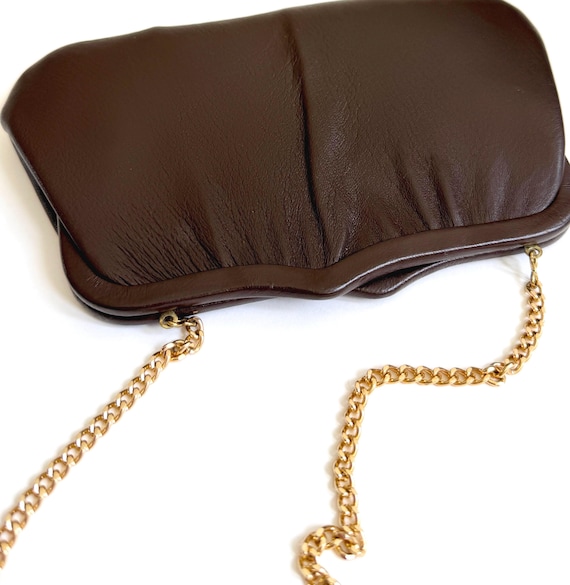 Vintage Chocolate Brown Leather Clutch Bag Purse Gold Chain Strap