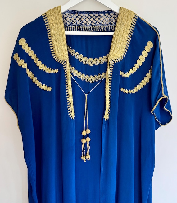 Luxurious Vintage Moroccan Kaftan Caftan Robe Heavy Cobalt Blue Crepe de Chine Gold Embroidery and Piping Paris Estate 40s 50s 60s Egyptian