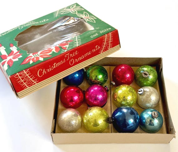 Vintage Mercury Glass Ornaments Mini Small 1" Size Box Lot of 12 Multicolor Bulbs Made in Japan Mid Century Table Tree Ornaments