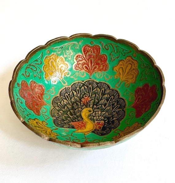 Enameled Brass Peacock Bowl: Vintage Boho Trinket Dish