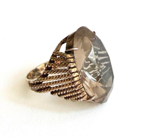 Large Vintage Cocktail Ring Smokey Faceted Glass Stone