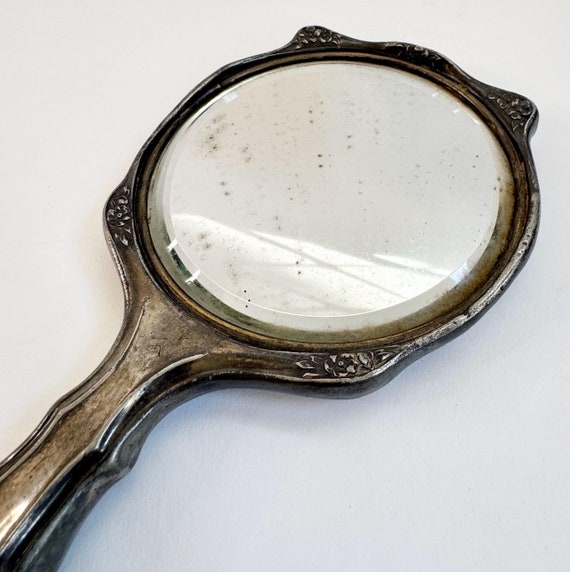 Antique Silver Plate Mirror Hand Mirror Vintage French Boudoir Vanity Decor Aged Glass Mirror Ornate Floral Paris Flea Market Find