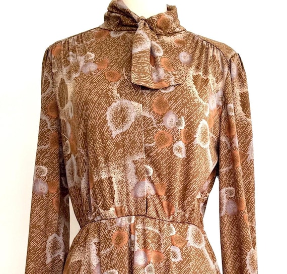 Vintage 70s French Dress Floral Print Tie Neck Midi Length