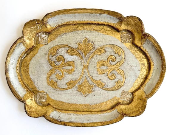Vintage Florentine Tray Italian Ornate Decorative Painted Gilt Gold Wood