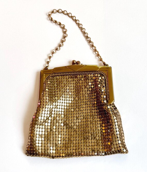 60s Gold Metal Mesh Bag Vintage Whiting and Davis Metallic Gold Chain Mail Purse Wristlet Chain Strap Made in USA Evening Bag Handbag