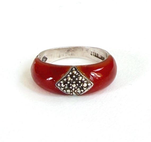 Vintage Amber Enamel Sterling Silver Band Marcasite Crystal Accents Size 6