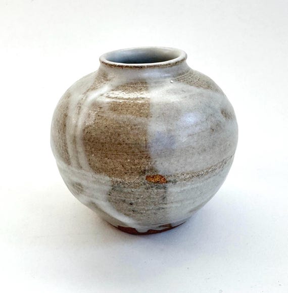 Neutral Pottery Vase Pot Bud Vase Vintage Signed Studio Pottery Stoneware White Beige Brown Glazed Pottery Round Minimalist