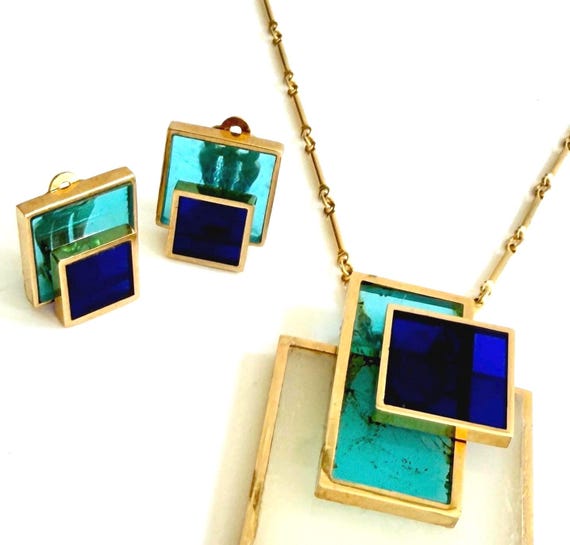 Vintage Gold Geometric Jewelry Set Blue Lucite Stained Glass