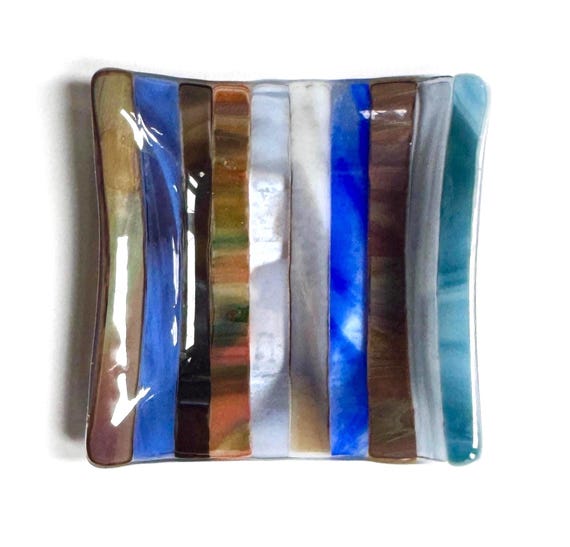 Signed Fused Glass Dish: Striped Blue, Brown, Black, Mid Century Art Glass (4.75")