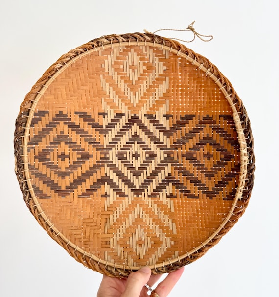 Round Polychrome Basket Bowl Vintage Artisan Handwoven Basket Beige Brown Geometric Weave Home Decor Accent