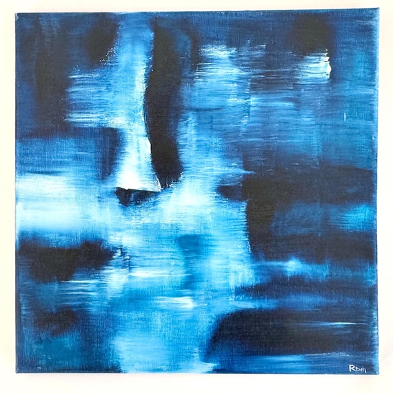 Vintage Blue Abstract Oil Painting Signed Minimalist Art 12”x12" Square