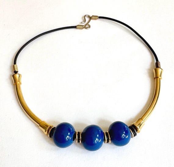 Blue Ceramic Bead Choker Necklace: Handmade Vintage Costume Jewelry