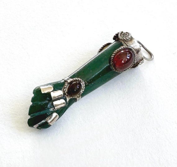 Vintage Figa Pendant Charm Carved Dark Green Stone Silver Filagree Gemstone Embellished