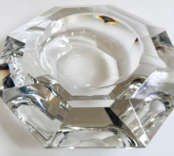 Heavy Crystal Ashtray Val St Lambert Signed Mid Century Vintage Very Heavy Clear Cut Glass Crystal 6.5” Octagon Shape
