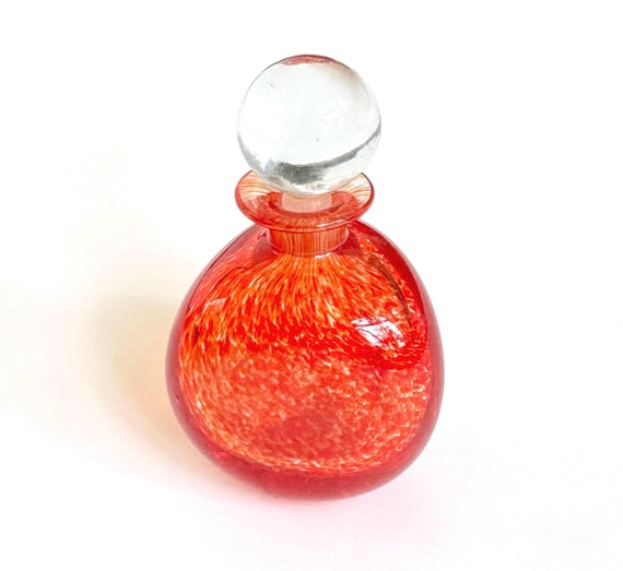 Signed Vintage Hand Blown Perfume Bottle with Stopper Tomato Red Glass Art
