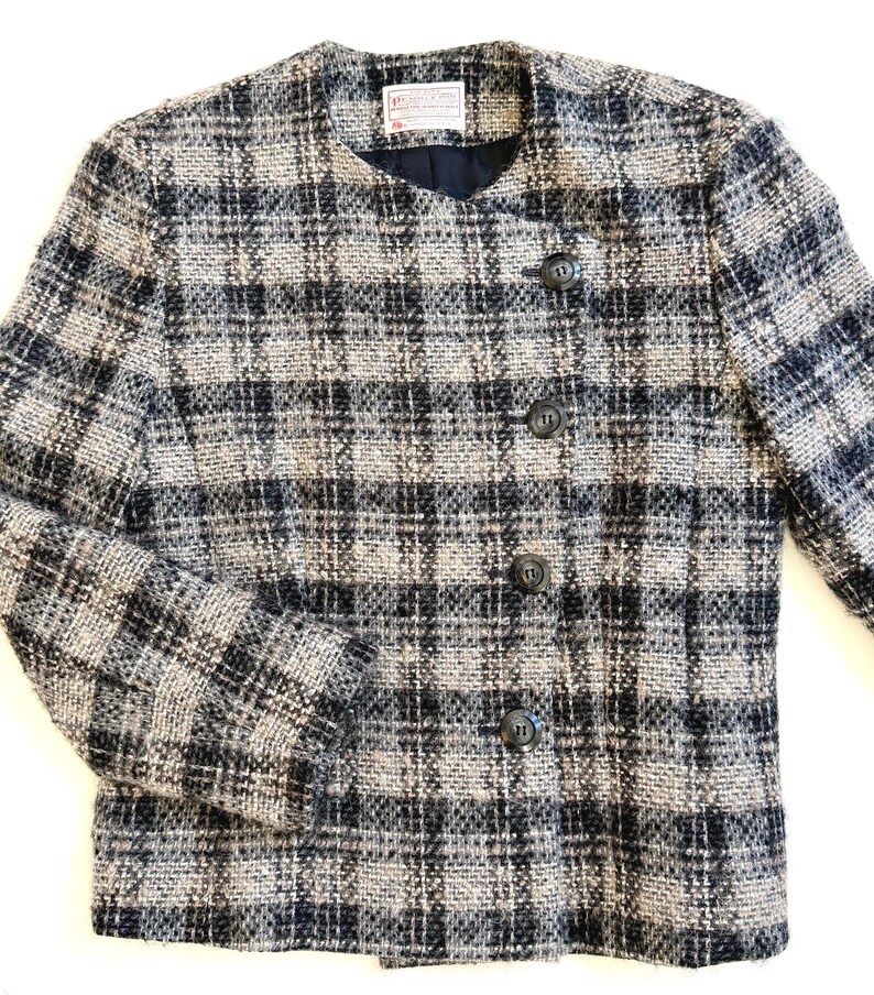 Vintage Pendleton Woolen Mills 70s 80s Plaid Collarless Jacket Soft Gray Plaid Virgin Wool Made in USA image 4