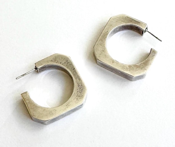 Thick Sterling Silver Hoop Earrings Vintage Sculptural Modernist Chunky 925 Squared Hoops