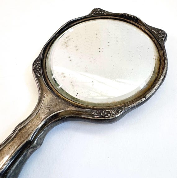 Antique Silver Plate Hand Mirror: French Boudoir Decor, Aged Patina