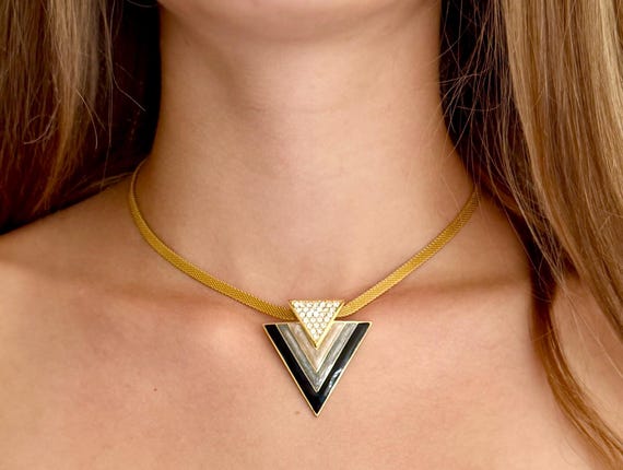 Vintage French Enamel Necklace Choker Signed Orena Paris Gold Metal Mesh Chain Diamante Pearlized Gray Black Enamel Inverted Triangle Bijoux