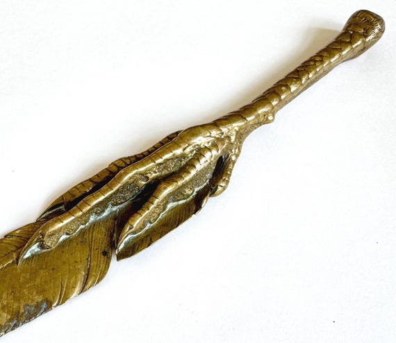 French Antique Talon Claw Letter Opener Paris Flea Market Find Heavy Solid Brass Feather and Claw Gift for Boss Office