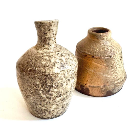 Raku Pottery Vase Set: Signed Vintage Studio Bud Vases, Neutral Earth Tones