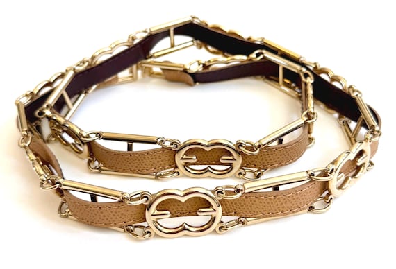 Vintage Escada Gold Chain Belt Lizard Embossed Leather Logo Links