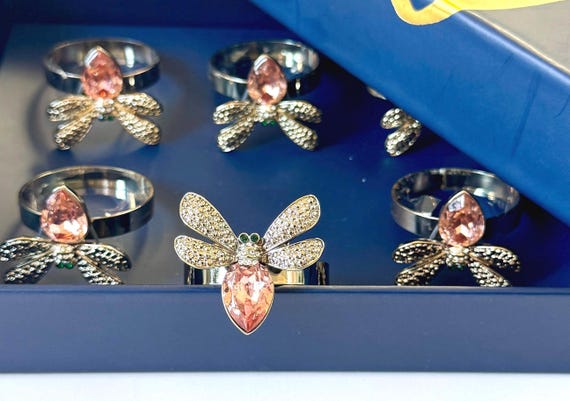 Butterfly Bee Napkin Ring Holder Joy by Joanna Buchanan Set of 6 Colored Rhinestone Rings Classic Holiday Dining Table Decor