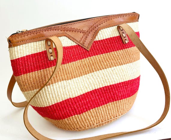 Vintage 90s Sisal Bag Leather Straps and Trim Red White Tan Striped