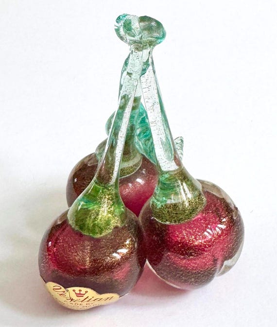 Alfredo Barbini Murano Glass Fruit Venetian Gold Speckled Cherries Sculpture Made in Italy