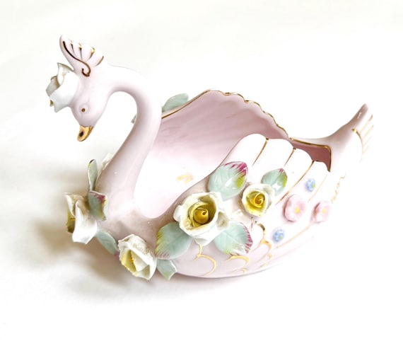 Vintage Pink Swan Planter Dish Mid Century Japanese Ceramics Made in Japan Floral and Gilt Detail