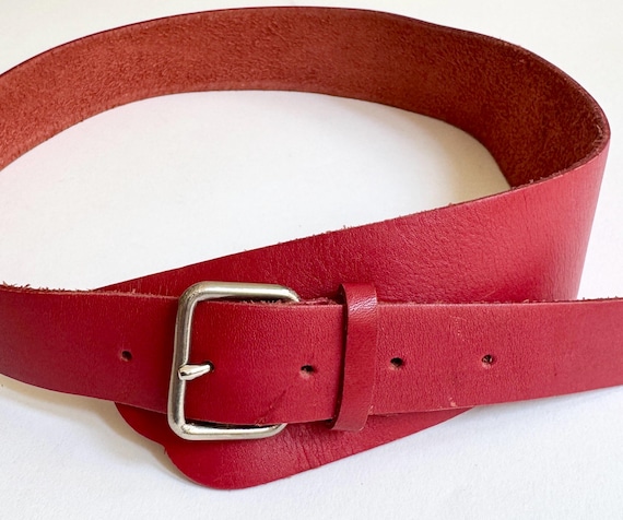 Soft Red Leather Belt Vintage Asymmetrical Belt Silver Buckle Minimalist Womens Waist Belt