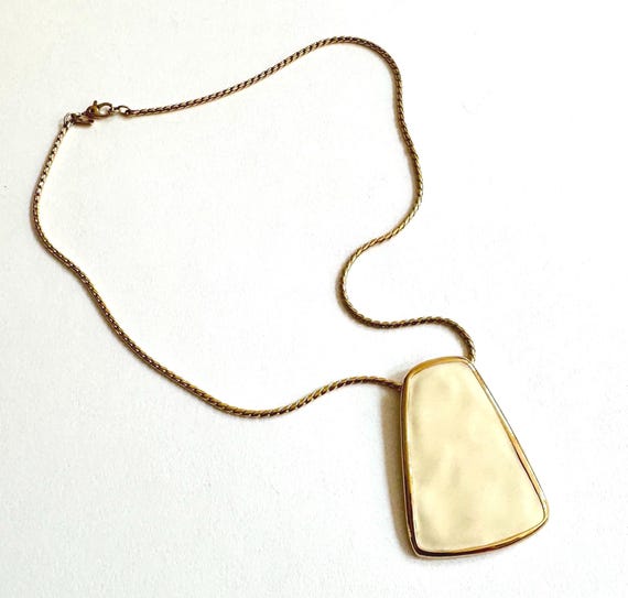 Monet Gold Enamel Necklace Choker Signed Vintage 80s Costume Jewelry Large Cream Natural White Enamel Pendant Gold Chain