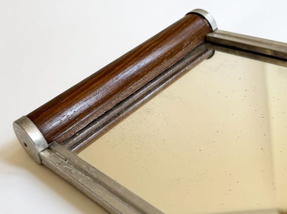 Art Deco Vanity Tray Mirror Tray Paris Flea Market Find Vintage Antique 1920s Rectangle Mirrored Glass Walnut Wood Ends