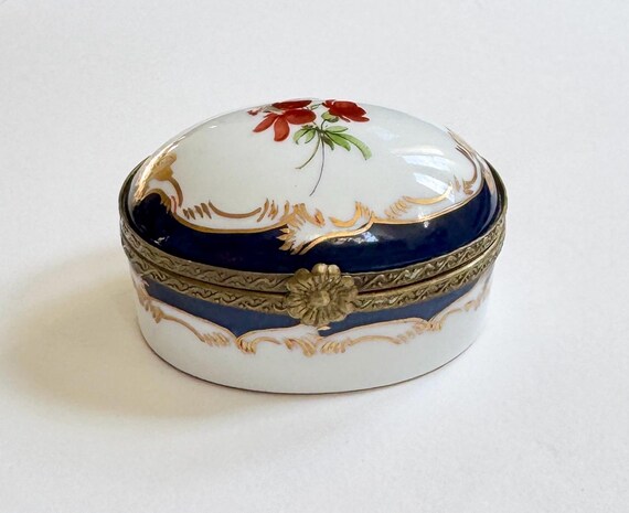 Vintage French Limoges Box Cobalt Blue White French Porcelain Gold Floral Trim and Clasp Hand Painted Oval Pillbox Small Trinket Box